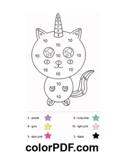Niedliche Einhorn Katze Farbe nach Zahlen Malvorlage