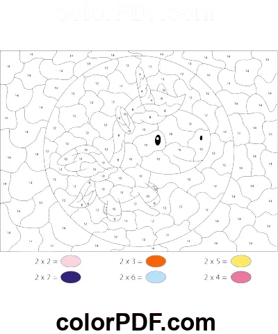 Unicórnio dos desenhos animados cor por multiplicação página de colorir