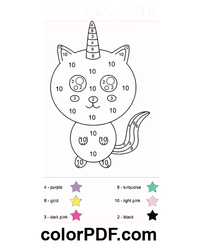 Lindo Unicornio Color del Gato Por Números página para colorear