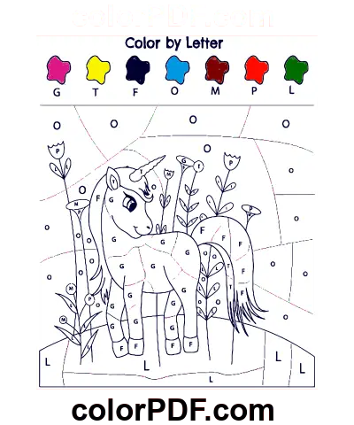 Eenhoorn kleur per letter kleurplaat